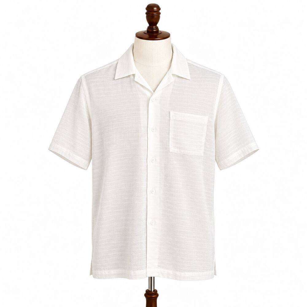 REISS Canevil Airtex Cuban Collar White Shirt Large